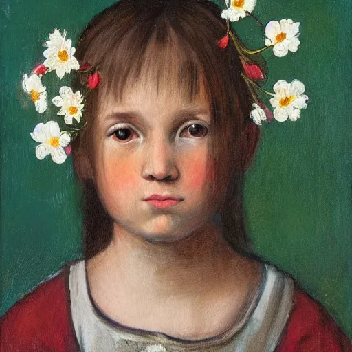 Image similar to “portrait of brownhair medieval child girl with flowers over her head, artwork, academic, sharp focus”