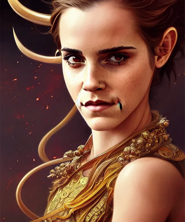 Image similar to Emma Watson as a monkey king, sci-fi, amber eyes, face, long hair, fantasy, intricate, elegant, highly detailed, digital painting, artstation, concept art, smooth, sharp focus, illustration, art by artgerm and greg rutkowski and alphonse mucha