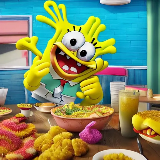 Image similar to hyperrealistic!! spongebob!! eating at the krusty krab, stunning 3 d render inspired by stephen hillenburg, perfect symmetry, dim volumetric cinematic lighting, 8 k octane comprehensive render, extremely hyper - detailed attributes & atmosphere, intricately proportional, realistic flesh texture, masterpiece, artstation, stunning,