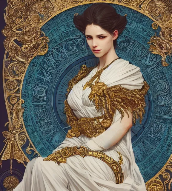 Image similar to god of death and rebirth, elegant dress, very detailed, sat on a throne, very intricate details, elaborate long hairstyle, cinematic, artstation, alphonse mucha, greg rutkowski, rossdraws, octane render