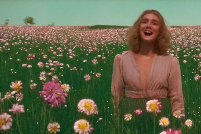Prompt: vhs 1 9 8 0 s cinema footage of a woman surrounded by giant beautiful flowers smiling at a fire, scene from the movie midsommar, directed by ari aster, vintage film grain