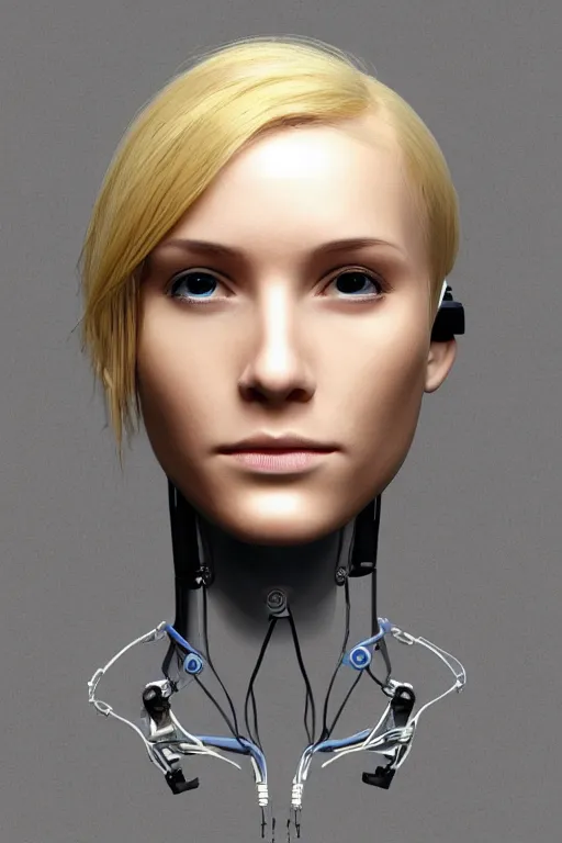 Image similar to robot with human face, female head, full body angle, woman human face, human face realistic, beautiful blonde hair, human head, human head with blonde hair, blonde hair human head, blonde hair, human realistic face, human head skin, cyborg frame concept, cyborg by ales-kotnik, sci-fi android female, the body is made of wires, robotic body, cyborg body, cyborg bust body, robot body cyborg, full body