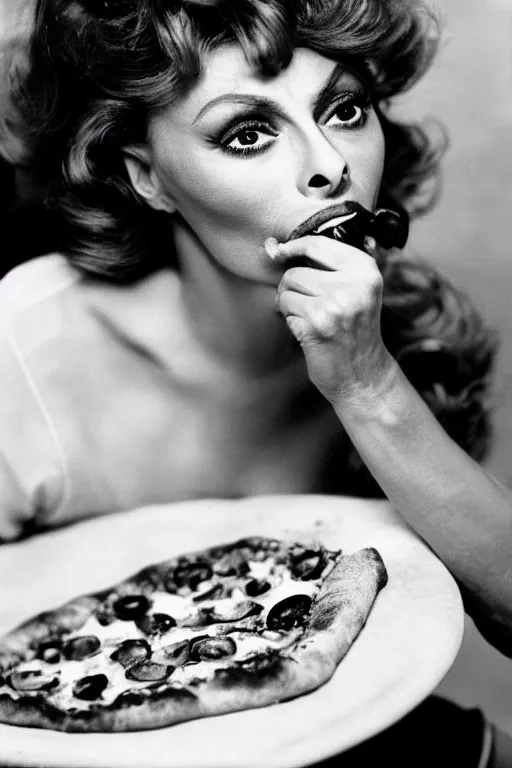 Prompt: professional studio photo of sophia loren eating!!! a pizza! margherita, closeup, portrait photo, diffuse light, black and white photo, 5 0 mm, soft focus, acclaimed, masterpiece