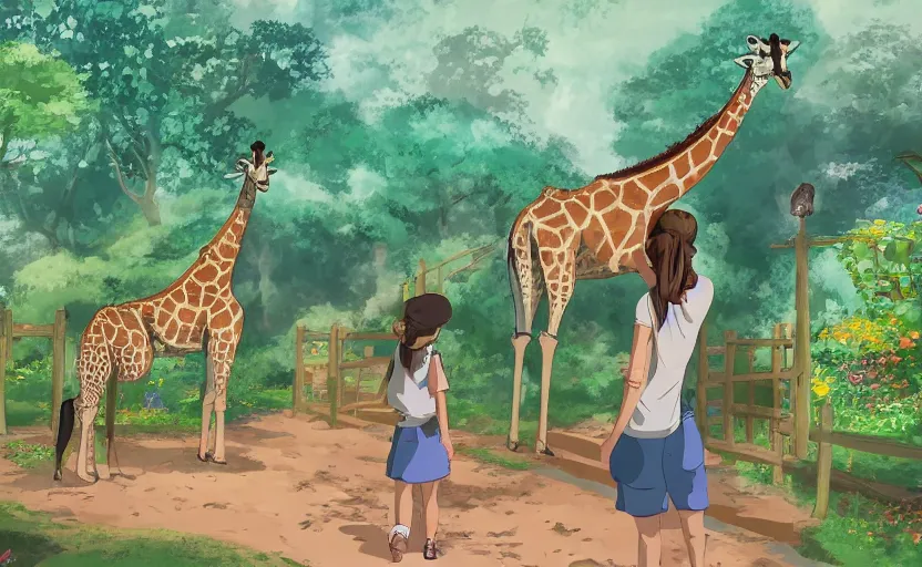 Image similar to a girl spending her day at the zoo, feeding a giraffe, a Studio Ghibli style scene, digital art, 4k