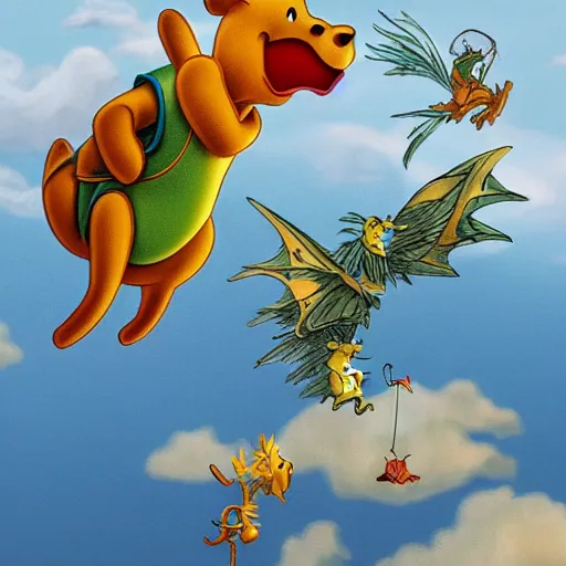 Prompt: Winnie the Pooh riding a flying parakeet dragon, the wings are made of pizza, budgie bird, high resolution photo