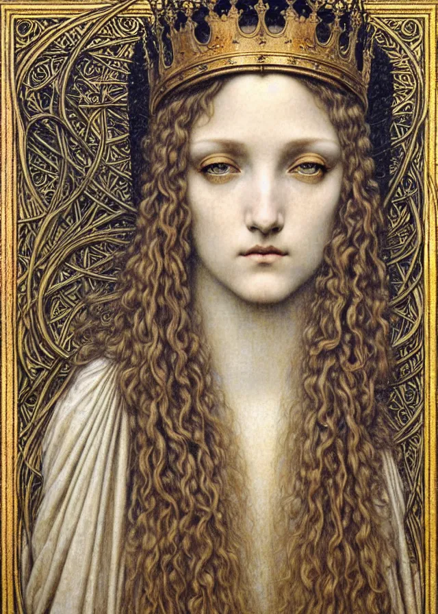 Image similar to detailed realistic beautiful young medieval queen face portrait by jean delville, gustave dore and marco mazzoni, art nouveau, symbolist, visionary, gothic, pre - raphaelite. horizontal symmetry