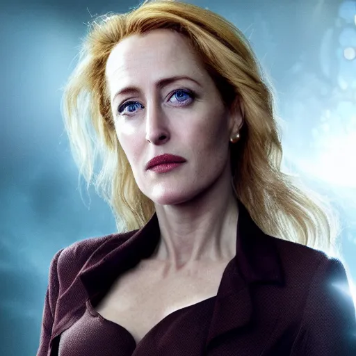 Image similar to Gillian Anderson as a lighting powered war mage, realistic, detailed, 4k