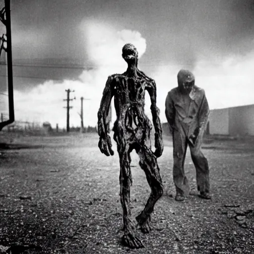 Image similar to real life irradiated walking zombie 1950s nuclear wasteland black and white award winning photo highly detailed, highly in focus, highly life-like Arriflex 35 II, by stanley kubrick