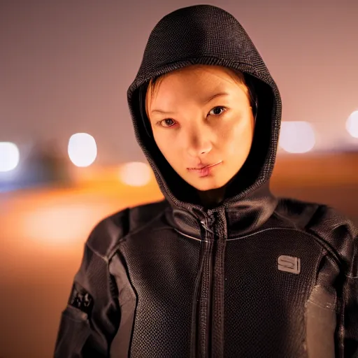 Image similar to photographic portrait of a techwear woman, closeup, on the rooftop of a futuristic city at night, sigma 85mm f/1.4, 4k, depth of field, high resolution, 4k, 8k, hd, full color