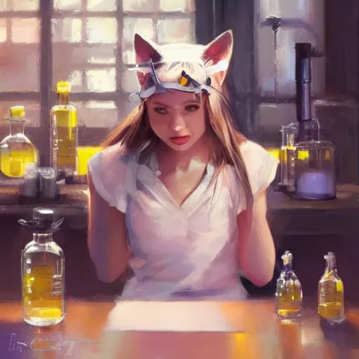 Prompt: Girl with cat ears in a chemistry lab, by WLOP, by Artgerm, by Michael Garmash, by Rob Rey, digital art, trending on artstation, beautiful lightning, atmospheric