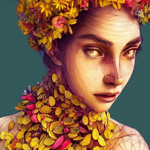 Image similar to the portrait of an absurdly beautiful, graceful, elegant young woman made of bananas and petals looking to the side, an ultrafine detailed illustration by kim jung gi, irakli nadar, intricate linework, bright colors, octopath traveler, final fantasy, angular, unreal engine 5 highly rendered, global illumination, radiant light, detailed and intricate environment