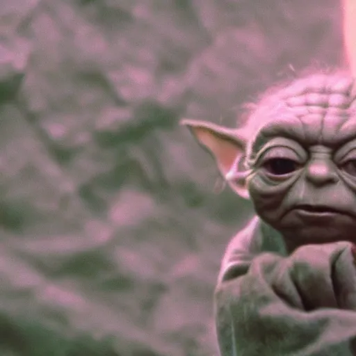 Image similar to A singular creature mix between Yoda and Gollum, center frame medium shot, shot on technicolor cinemascope 35mm anamorphic lense, flare, still from a movie