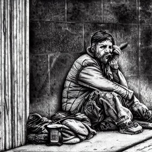 Image similar to photorealistic detailed picture, extreme, uhdr, life as homeless, a best seller 2 0 5 0 book, from poor to still poor., fine details, highly detailed, intricate, fine proportionate, smooth sharp focus