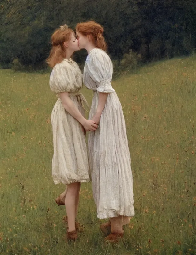 Image similar to peasant girls kissing on a farm, lolita style, Cottage core, Cinematic focus, Polaroid photo, vintage, neutral colors, soft lights, foggy, by Steve Hanks, by Serov Valentin, by Andrei Tarkovsky, by Terrence Malick, 8k render, detailed, oil on canvas