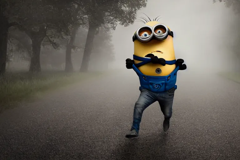 Image similar to a guy grabbing a dead body of a minion, fog, mid night, scary, horror, real life
