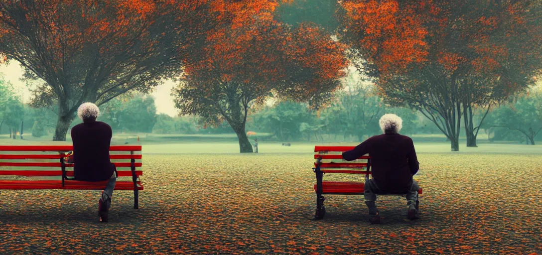 Image similar to Morgan Freeman sitting on a park bench with a colorful magpie yelling in his ear, cloudy autumn day, 8k octane render