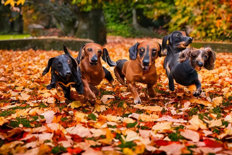 Image similar to dachshunds running towards the camera in the autumn leaves and some of the leaves are flying up into the air