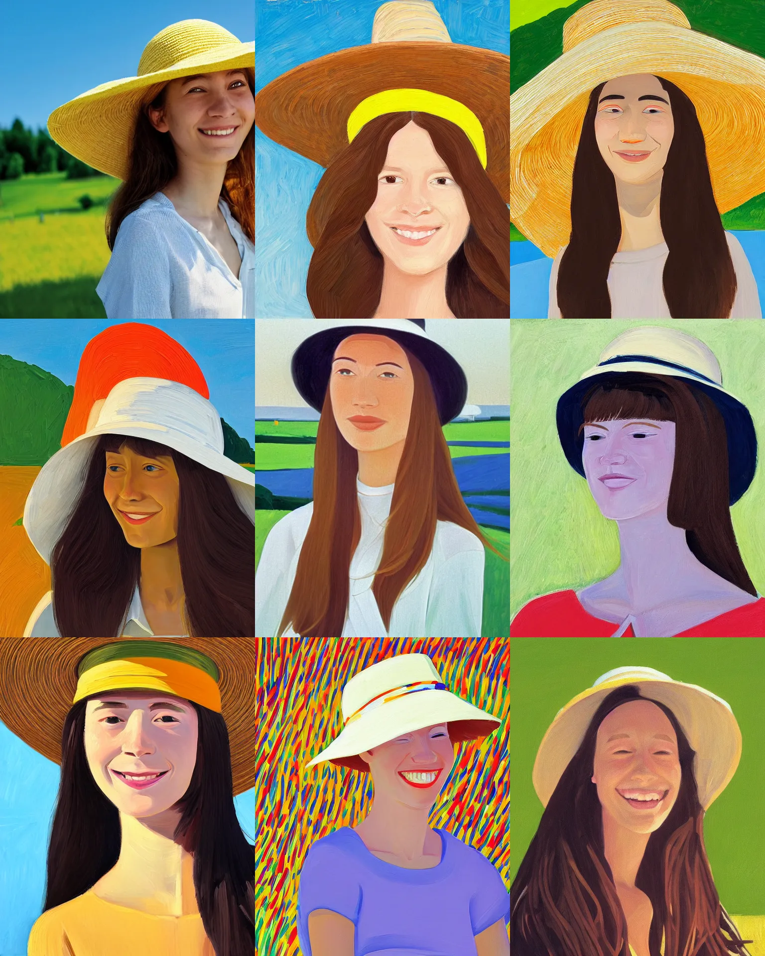 Prompt: portrait of a smiling young woman with sun hat, long hair, light background, colorful, peaceful, by alex katz, close up