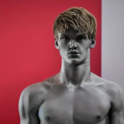 Image similar to a realistic detailed photo of a guy who is an attractive humanoid who is half robot and half humanoid, who is a male android, soccer player martin ødegaard, shiny skin, posing like a statue, blank stare, in a living room, on display, showing off his muscles