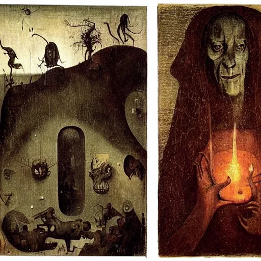 Prompt: new visions of hell, very detailed and colorful, by Hieronymous Bosch, by M.C. Escher, by Odd Nerdrum, beautiful, eerie, surreal, psychedelic