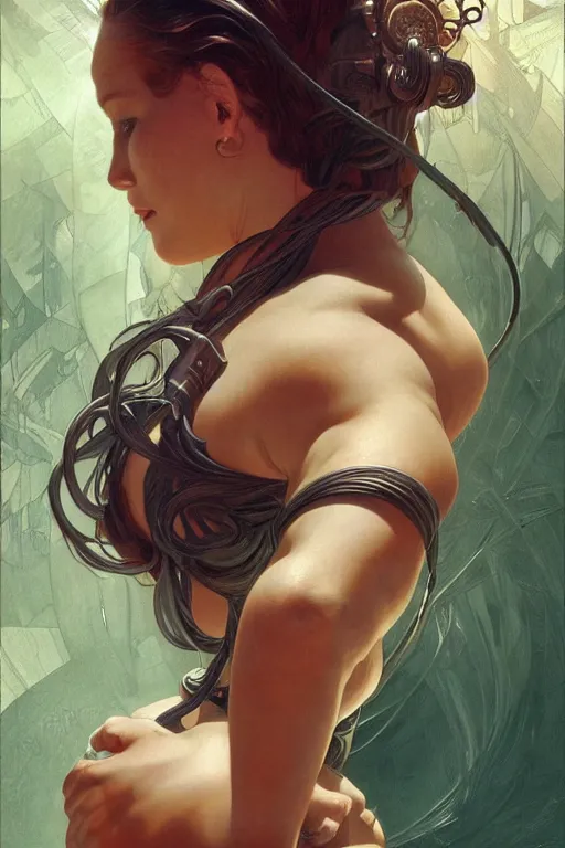 Image similar to ultra realistic illustration, cinema 4 d art, cables fat man drawing, jade background, elegant, highly detailed, digital painting, concept art, intricate, swirl, smooth, sharp focus, illustration, art by artgerm and greg rutkowski and alphonse mucha