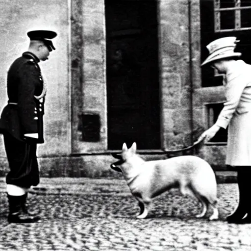 Prompt: ultra wide 1 9 4 6 blurry historical photo of a single german general bowing to a young queen elizabeth in a french village, her corgis are next to her highly detailed, sharp focus
