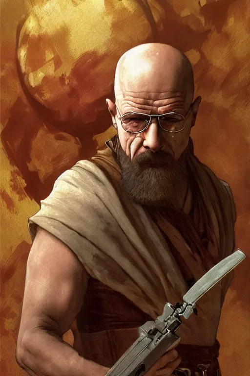 Image similar to Heisenberg as Kratos, highly detailed, digital painting, artstation, concept art, smooth, sharp focus, illustration, ArtStation, art by artgerm and greg rutkowski and alphonse mucha and J. C. Leyendecker and Edmund Blair Leighton and Katsuhiro Otomo and Geof Darrow and Phil hale and Ashley wood and Ilya repin and Charlie Bowater