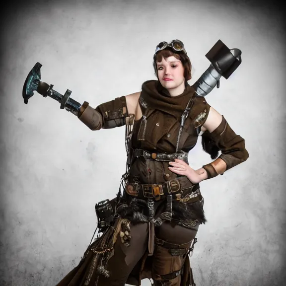 Image similar to full length photo of a very beautiful female dieselpunk warrior, 8 k, hdr, smooth, sharp focus, high resolution, award - winning photo