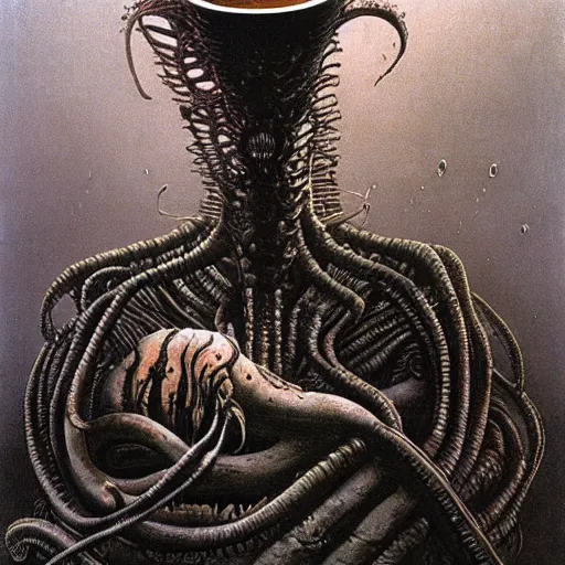 Prompt: eldritch lovecraftian steaming cup of coffee, sci-fi horror, Zdzisław Beksiński, H. R. Giger, Francis Bacon