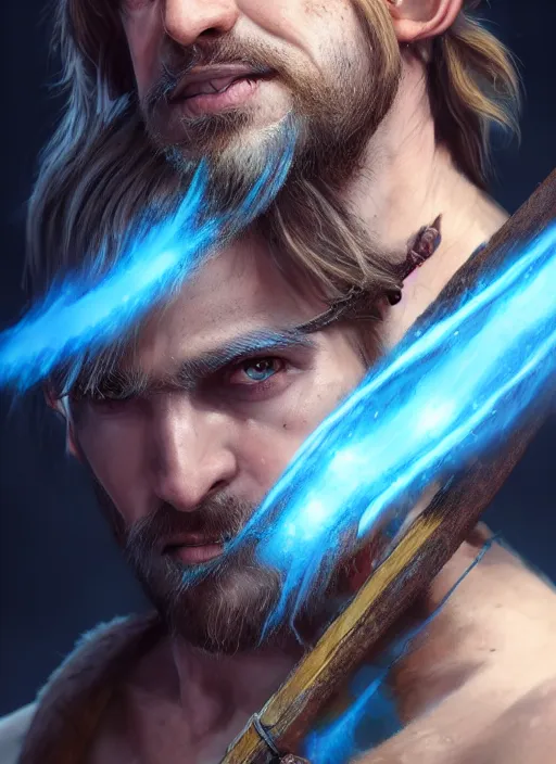 Prompt: A striking hyper real painting of a half elf ranger holding a cross bow with magic blue swirls, shaggy brown hair, scruffy beard, scar on face, blue tunic, unreal 5, DAZ, hyperrealistic, octane render, cosplay, RPG portrait, dynamic lighting