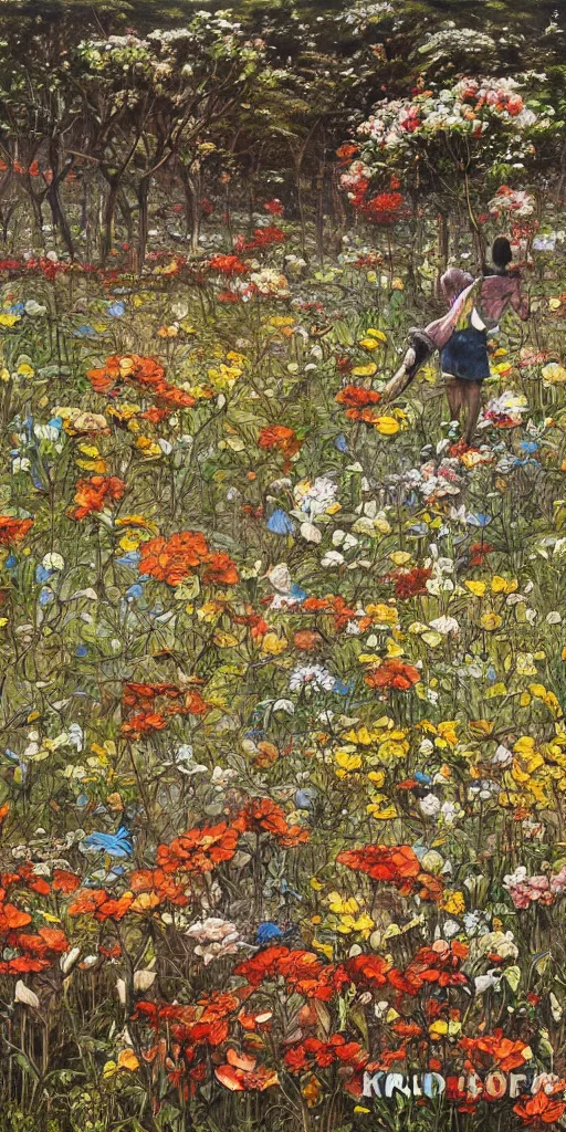 Image similar to oil painting scene from flower fields in the forest by kim jung gi