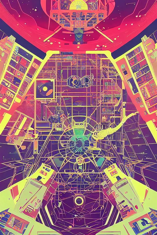 Image similar to the interior of an international space station filled with electronic equipment, ancient futuristic japanese temple, poster art by victo ngai, ori toor, kilian eng behance contest winner, crystal cubism, poster art, cubism, tarot card, psychedelic art, concert poster, poster art, maximalist