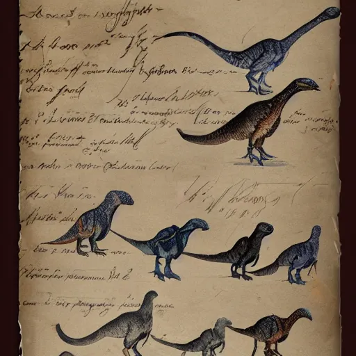 Image similar to vintage parchment with a sketch of a group of feathered dinosaurs with full descriptions, 8K, HD, highly detailed, high quality