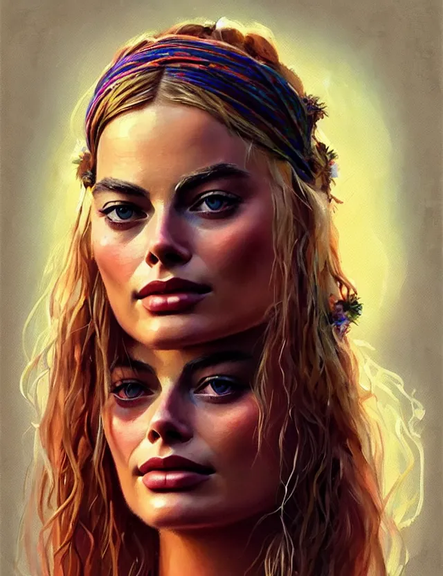 Image similar to portrait of a young margot robbie wearing boho clothing, hippie, long hair, groovy hairband, bangs, intricate, smooth, groovy lighting, highly detailed, digital painting, artstation, concept art, smooth, sharp focus, illustration, art by wlop, mars ravelo and greg rutkowski