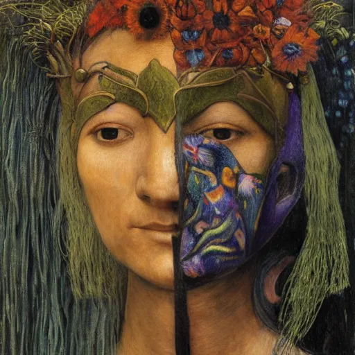 Image similar to masterpiece painting of a dark flower shaman, by annie swynnerton and jean delville and diego rivera and evelyn de morgan, facemask made of flowers, art brut, outsider art, symbolist, dramatic lighting, god rays, elaborate geometric ornament, clean crisp graphics, smooth sharp focus, extremely detailed, adolf wolfli