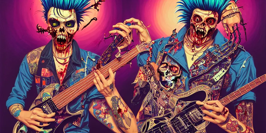 Image similar to a zombie punk rocker with a mohawk playing electric guitar, tristan eaton, victo ngai, artgerm, rhads, ross draws, cinematic by francis tneh