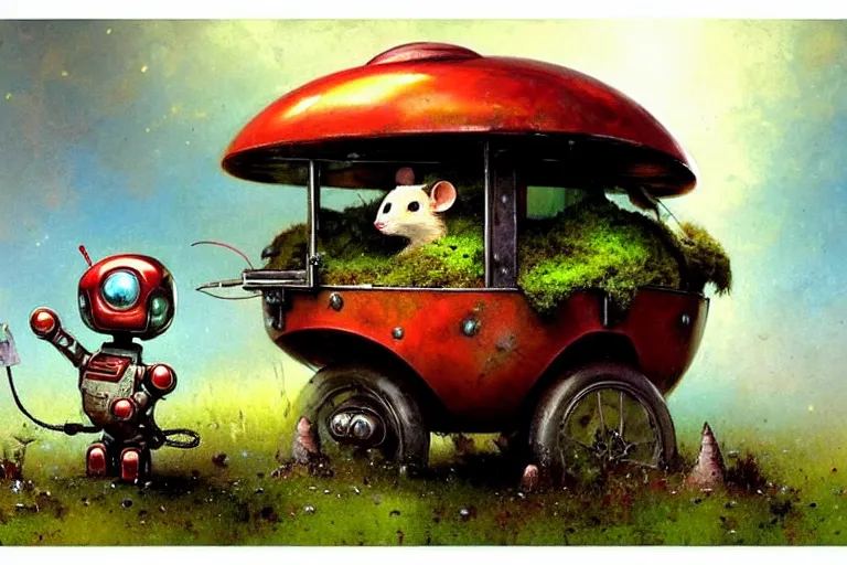 Prompt: adventurer ( ( ( ( ( 1 9 5 0 s retro future robot android mouse wagon. muted colors. background of mushrooms and moss ) ) ) ) ) by jean baptiste monge!!!!!!!!!!!!!!!!!!!!!!!!! chrome red