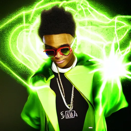 Image similar to ! dream soulja boy with glowing green magic, octane render