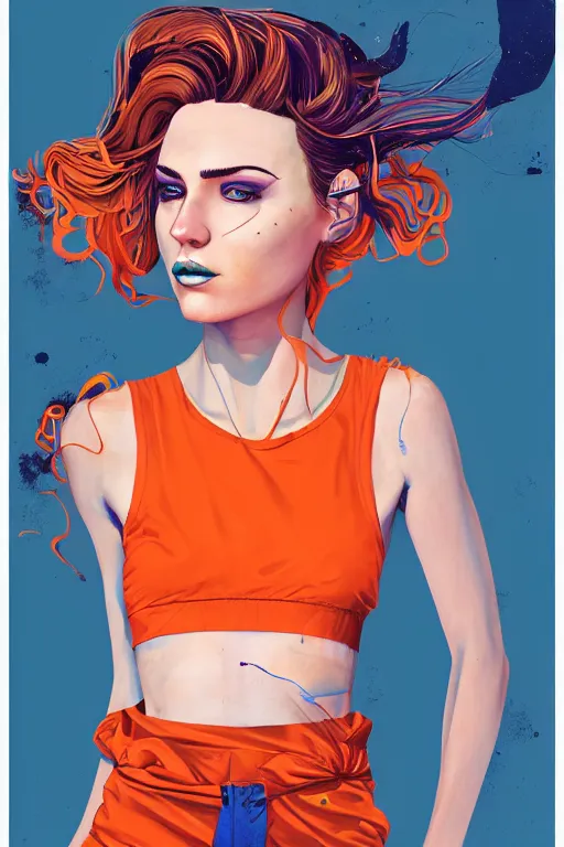 Image similar to a award winning half body portrait of a beautiful caucasian woman in a croptop and cargo pants with ombre orange blue teal hairstyle with head in motion and hair flying by martine johanna and will eisner, outrun, vaporware, digital art, trending on artstation, highly detailed, fine detail, intricate