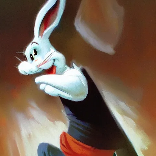 Image similar to a beautiful, soulful oil painting of bugs bunny by craig mullins