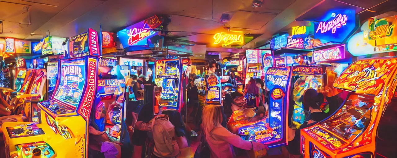 Image similar to A photograph from the 80's of a busy arcade, XF IQ4, 150MP, 50mm, F1.4, ISO 200, 1/160s, natural light