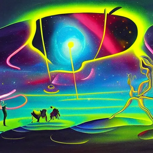 Image similar to god creating the universe, neon lit, surrealist painting in the style of dali