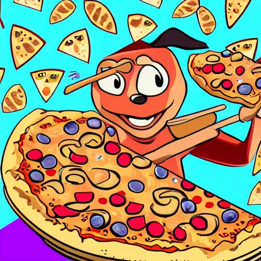 Image similar to cartoon bunny is eating pizza, colorful art