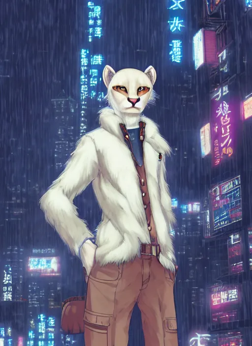 Image similar to character portrait of a male anthro albino mountain lion fursona with a cute beautiful attractive furry face wearing stylish clothes in a cyberpunk city at night while it rains. hidari, color page, tankoban, 4K, tone mapping, Akihiko Yoshida.