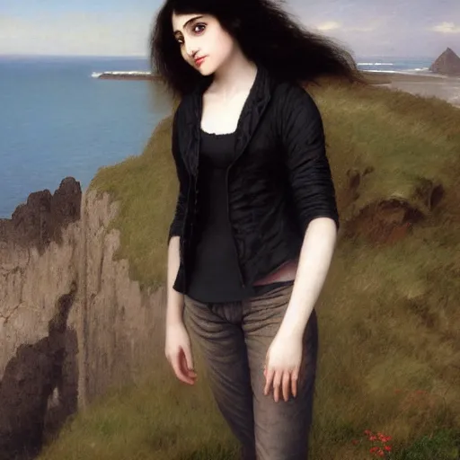 Image similar to 1 7 - year - old pale - skinned persian girl with black long bob cut, black gothic jacket, blue jeans, psychic girl, psychokinetic girl, standing on cliff along the irish coast, overcast gray skies, ultra - realistic, sharp details, subsurface scattering, intricate details, art by william - adolphe bouguereau