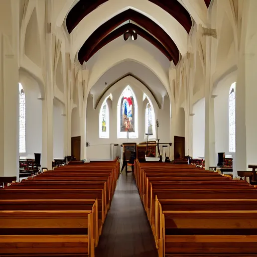 Image similar to a Church interior with white walls and wood floor