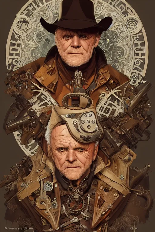 Image similar to anthony hopkins steampunk half - cyborg cowboy, pelt coats, high fantasy, dnd, smooth, sharp focus, illustration, highly detailed, digital painting, artstation, concept art, by rossdraws, alphonse mucha, frank fanzzeta, collectible card art