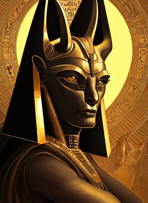 Image similar to close up portrait of evil anubis, egyptian symbolism, fair olive skin, yellow pupils, sneering moroccan man by artgerm, cushart krenz, greg rutkowski, mucha. art nouveau. gloomhaven, swirly looping ripples, dark colors, sharp edges. ultra clear detailed. 8 k. elegant, intricate, octane render