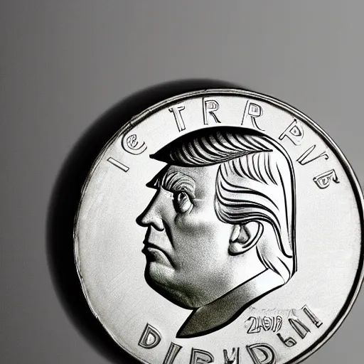 Prompt: Donald Trumps profile on a silver coin, photorealistic