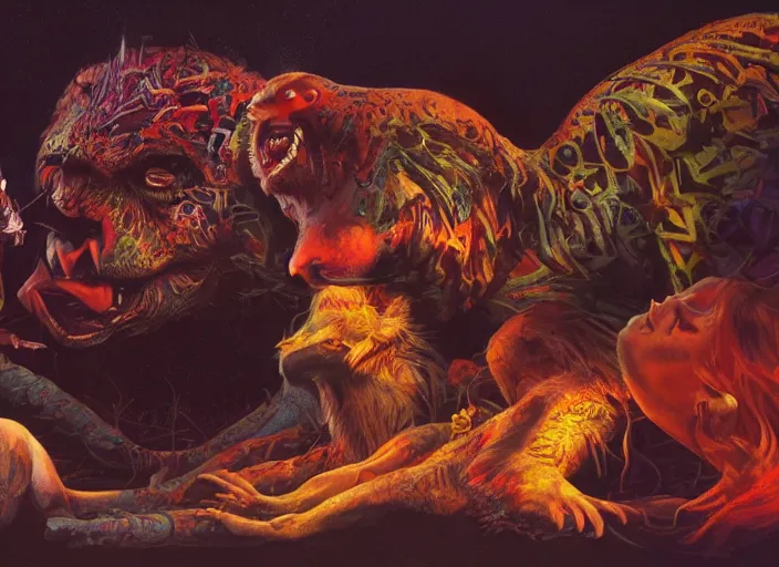 Image similar to wild underground carnival scene from a 7 0's movie by chris cunningham, kenneth anger and alejandro jodorowsky : : dream scene of actors turning into animals : : close - up, ultra realistic, concept art, highly detailed by greg rutkowski 4 k